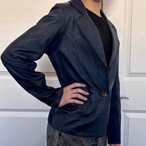 Boutique One Girl Who Navy Blue Leather Blazer/Sweater/Jacket